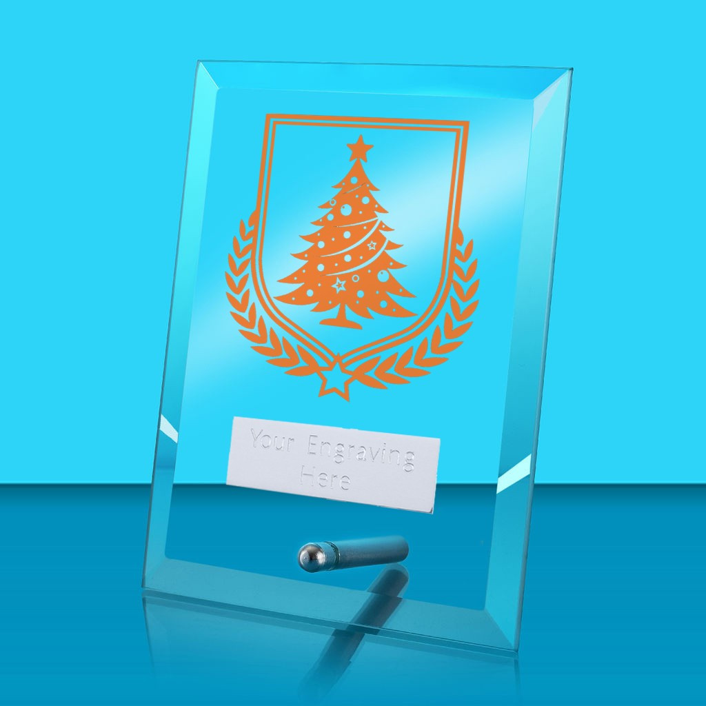 UV Colour Printed Christmas Tree Glass Rectangle Award with Metal Pin