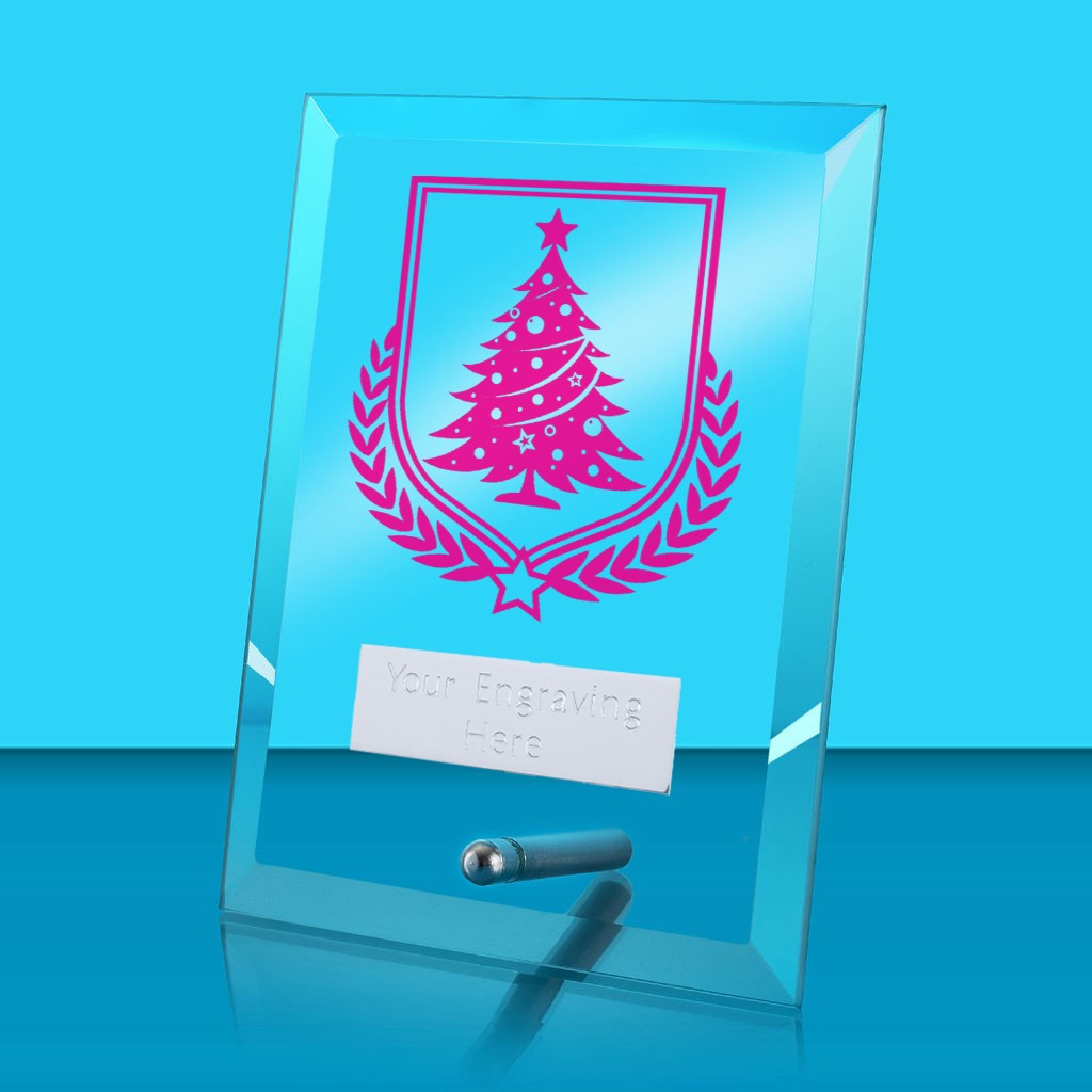 UV Colour Printed Christmas Tree Glass Rectangle Award with Metal Pin