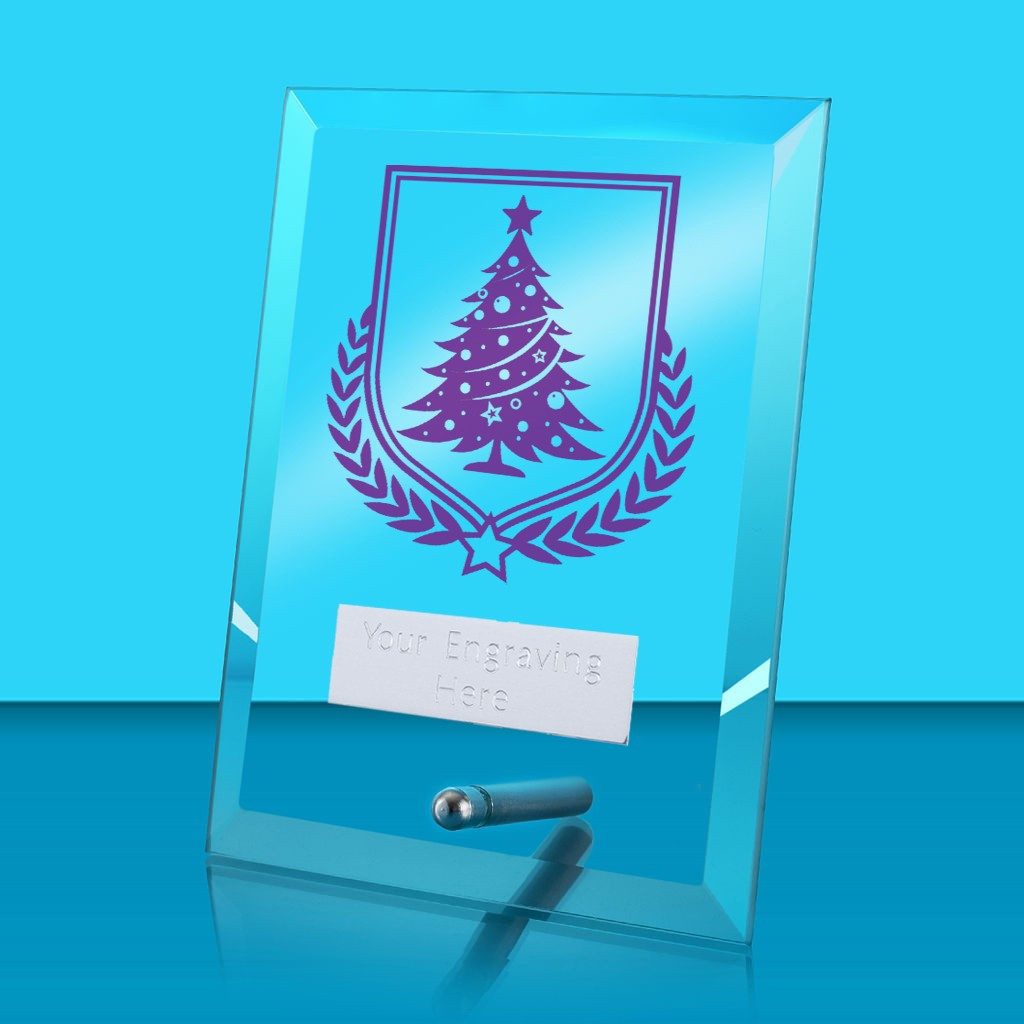UV Colour Printed Christmas Tree Glass Rectangle Award with Metal Pin