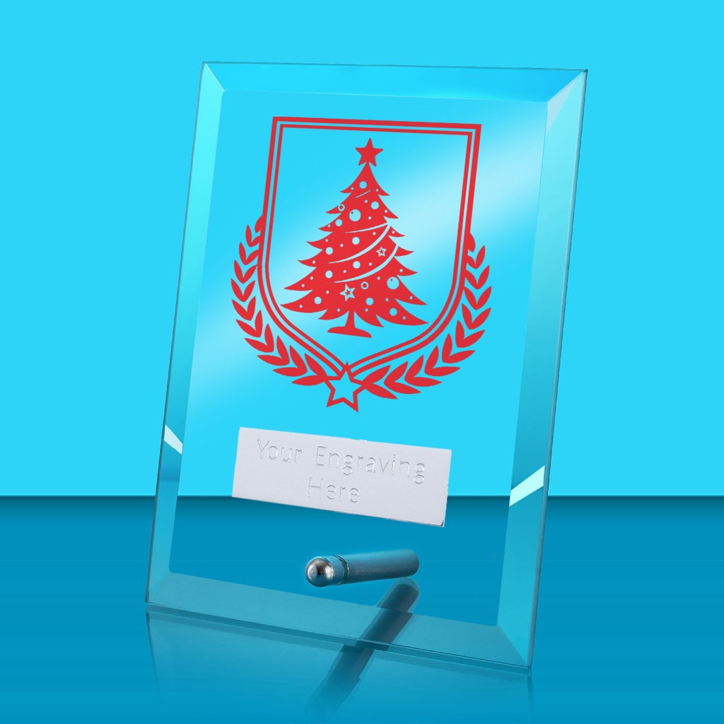 UV Colour Printed Christmas Tree Glass Rectangle Award with Metal Pin