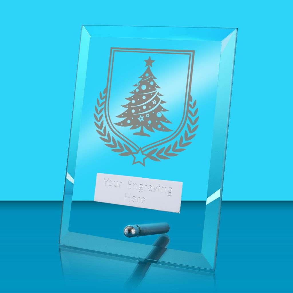 UV Colour Printed Christmas Tree Glass Rectangle Award with Metal Pin