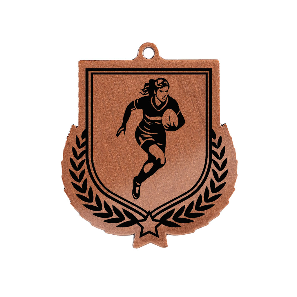 Colour Printed Female Rugby Player Shield Shaped Medal