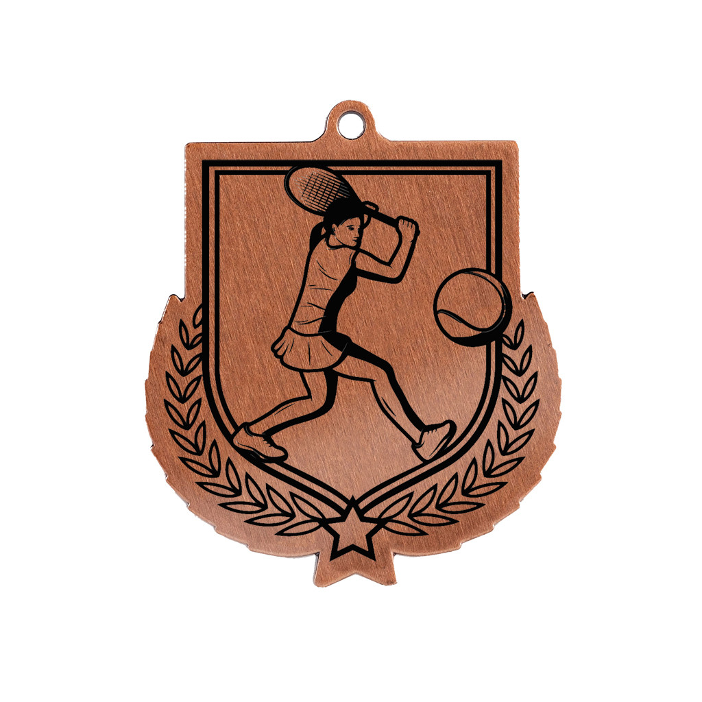 Colour Printed Female Tennis Shield Shaped Medal