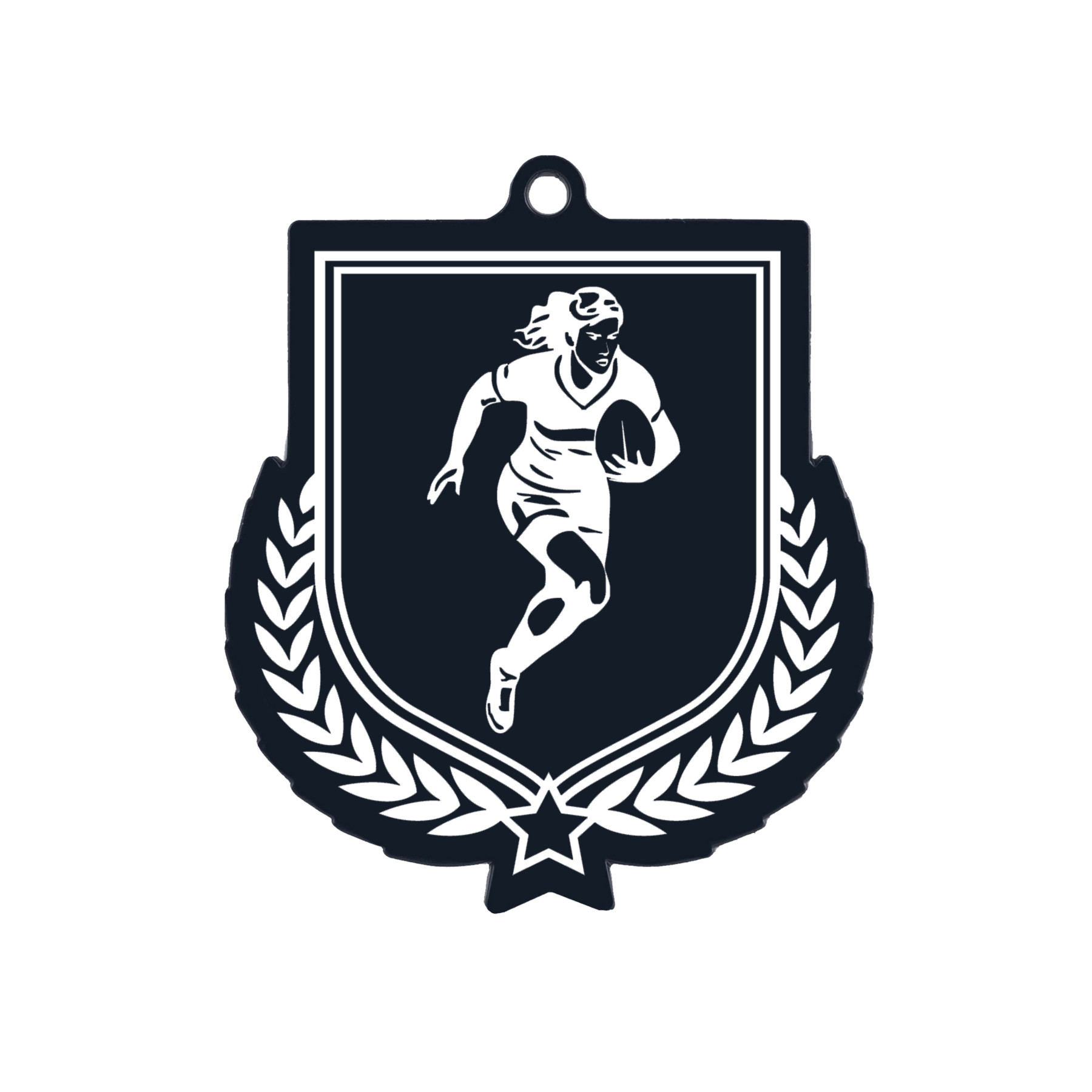 Colour Printed Female Rugby Player Shield Shaped Medal