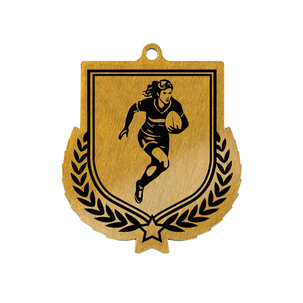 Colour Printed Female Rugby Player Shield Shaped Medal