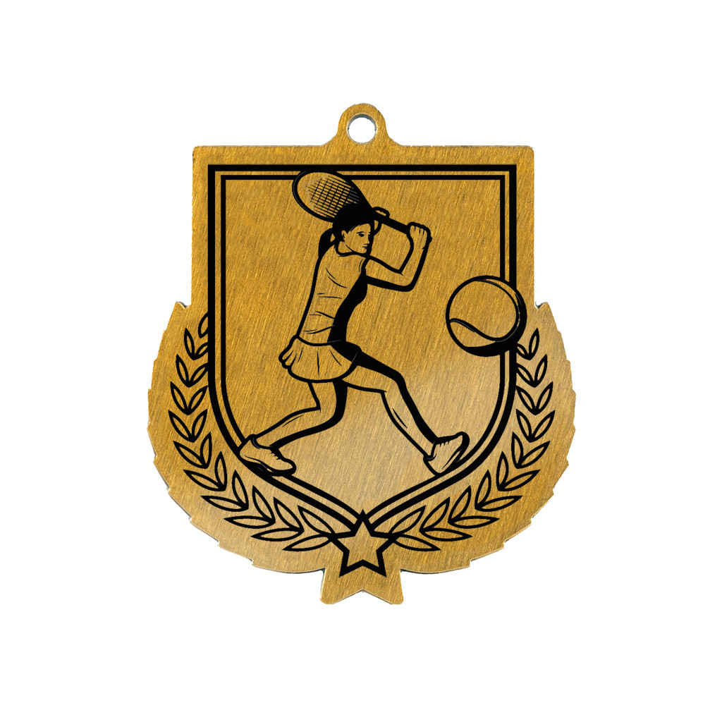 Colour Printed Female Tennis Shield Shaped Medal
