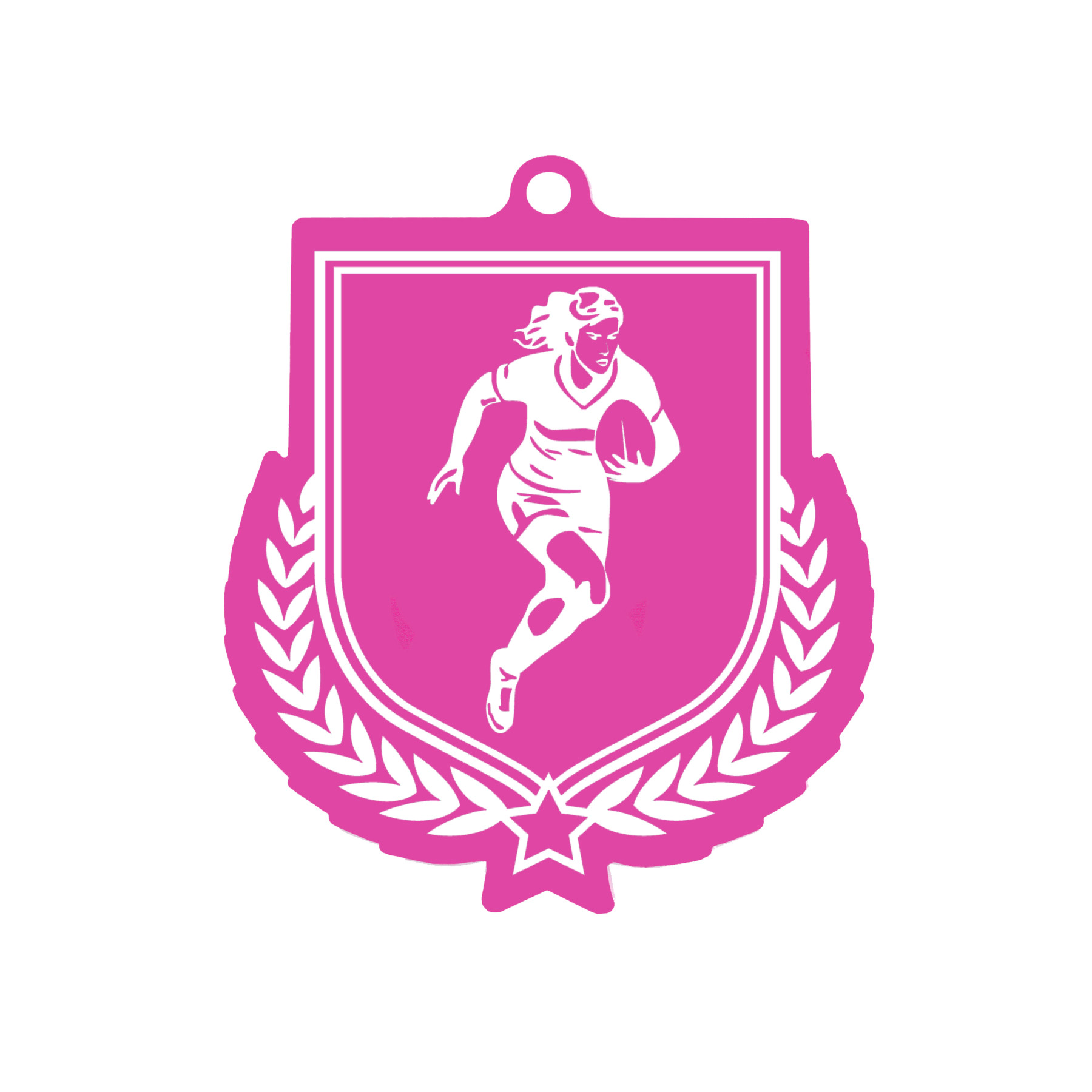 Colour Printed Female Rugby Player Shield Shaped Medal