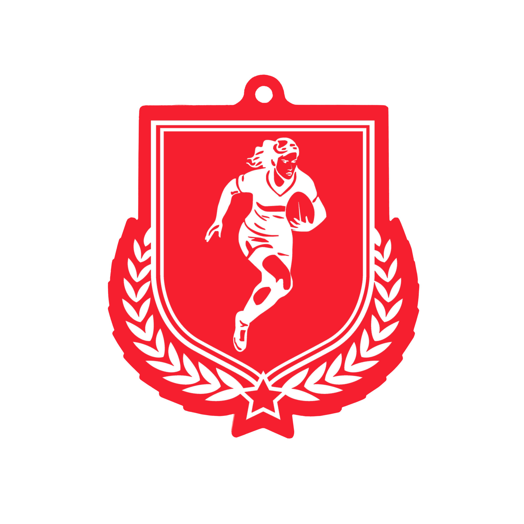 Colour Printed Female Rugby Player Shield Shaped Medal