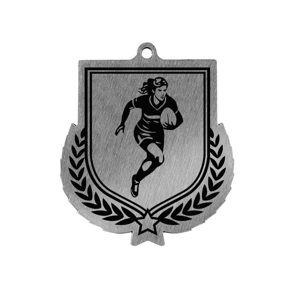 Colour Printed Female Rugby Player Shield Shaped Medal