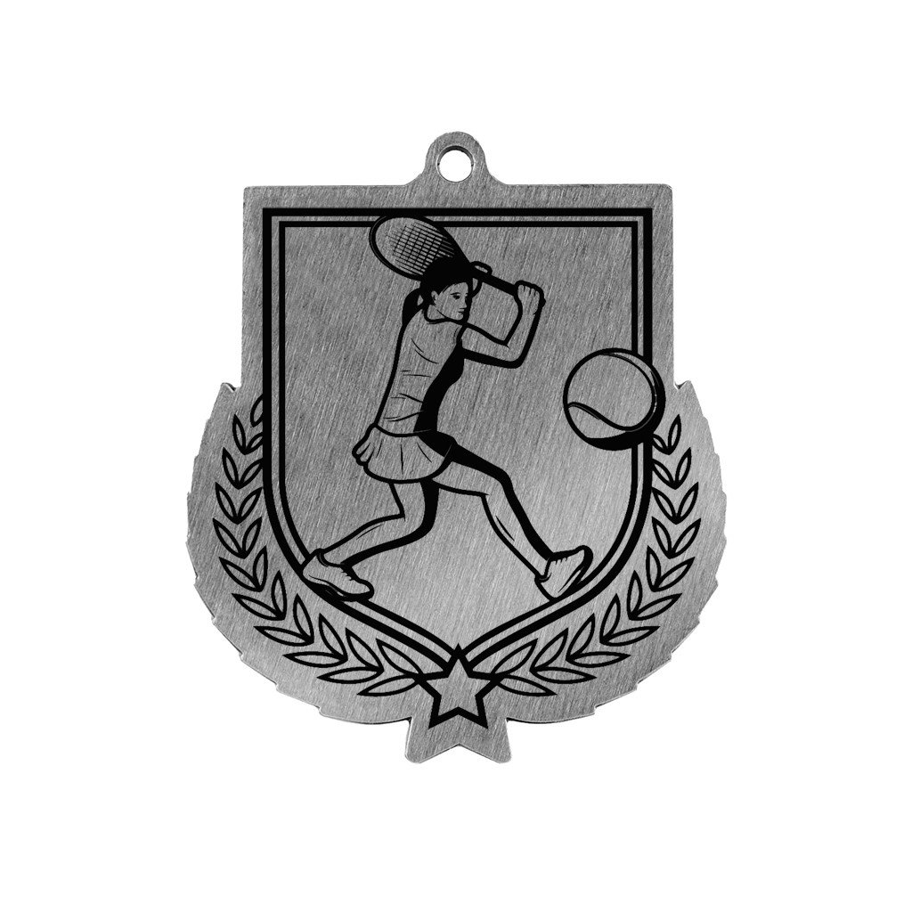 Colour Printed Female Tennis Shield Shaped Medal