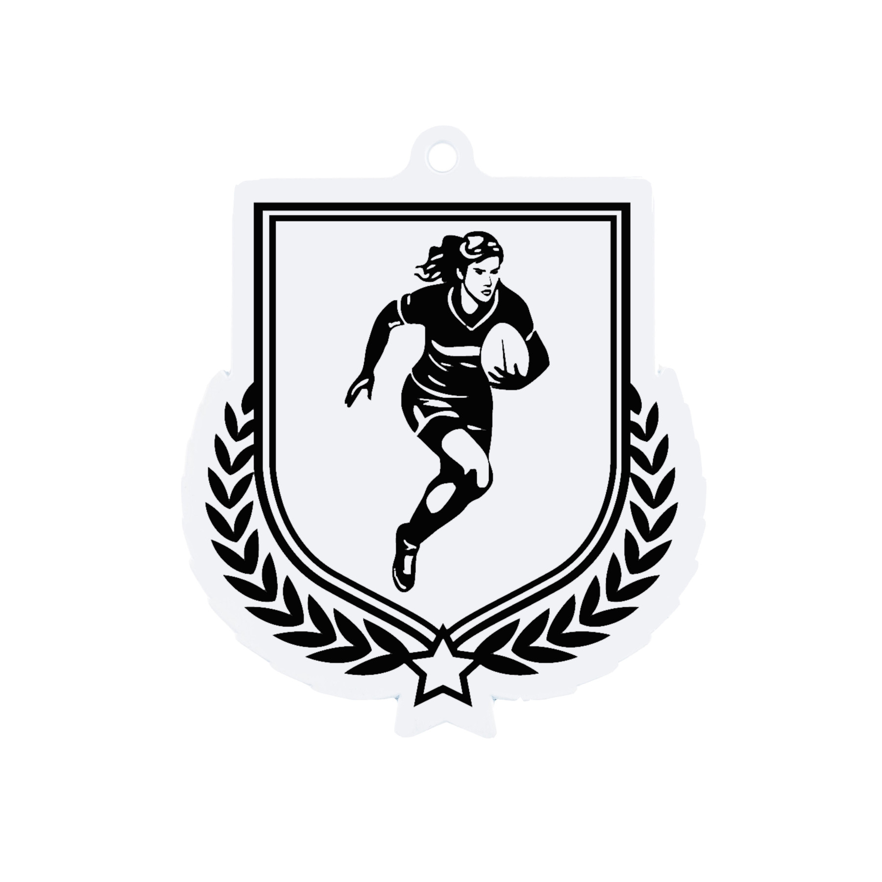 Colour Printed Female Rugby Player Shield Shaped Medal