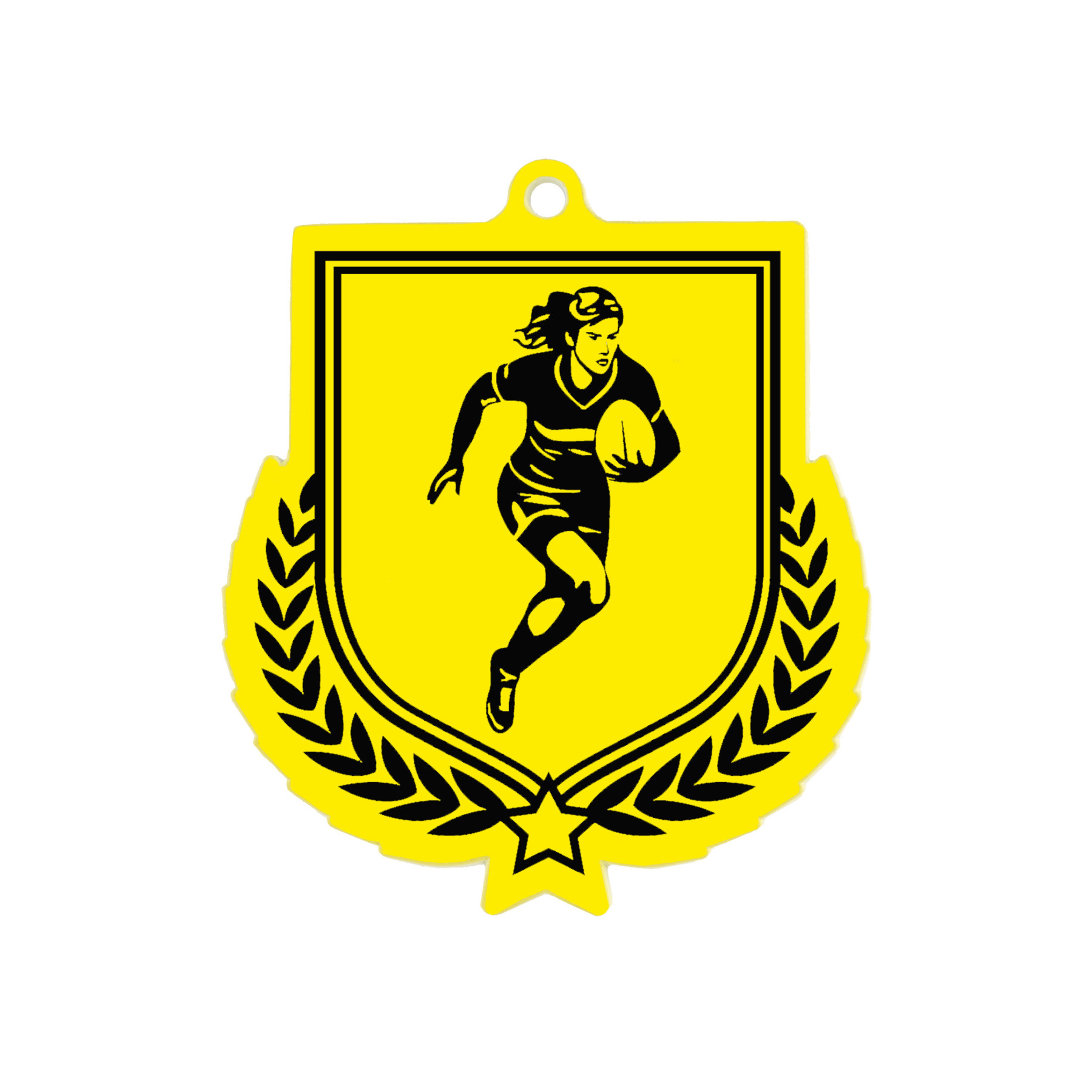 Colour Printed Female Rugby Player Shield Shaped Medal