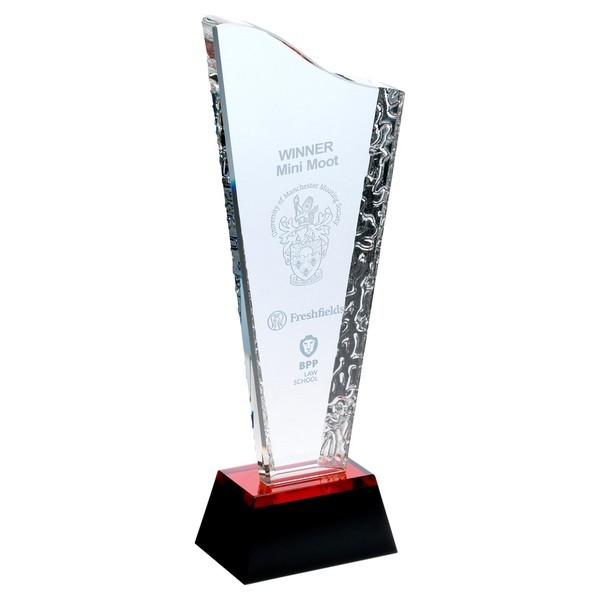 Clear Glass Tall Arrow Plaque on Black Base