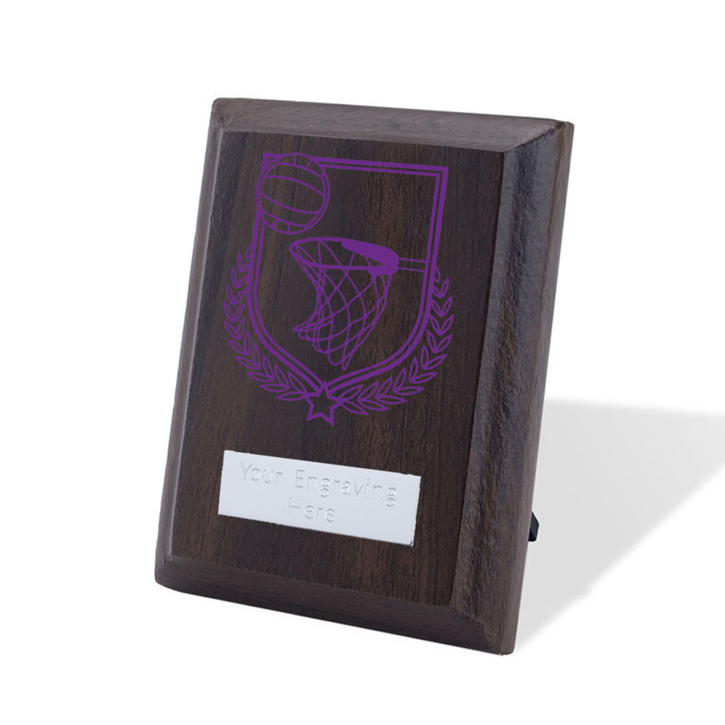 UV Colour Printed Netball Walnut Plaque with Strut