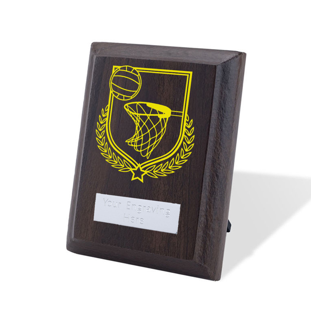 UV Colour Printed Netball Walnut Plaque with Strut