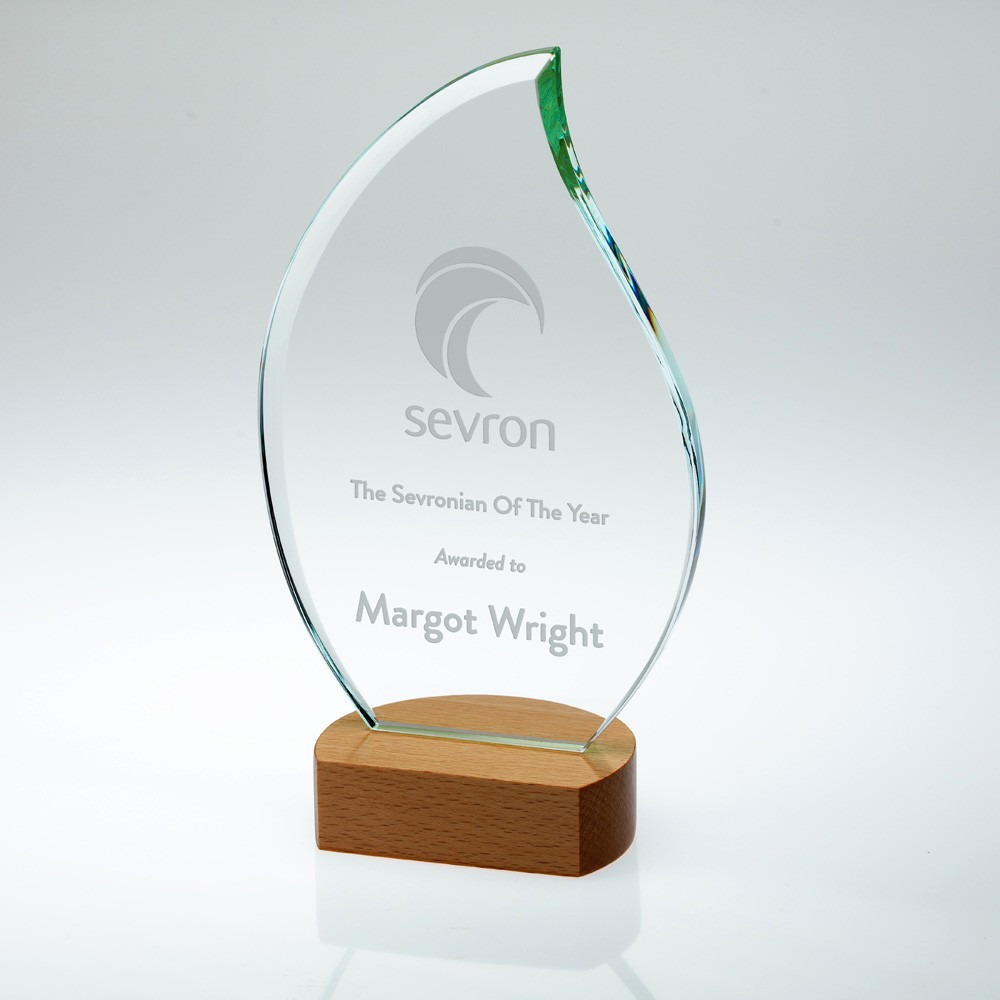 Clear Glass Flame on Light Wood Base with Presentation Box