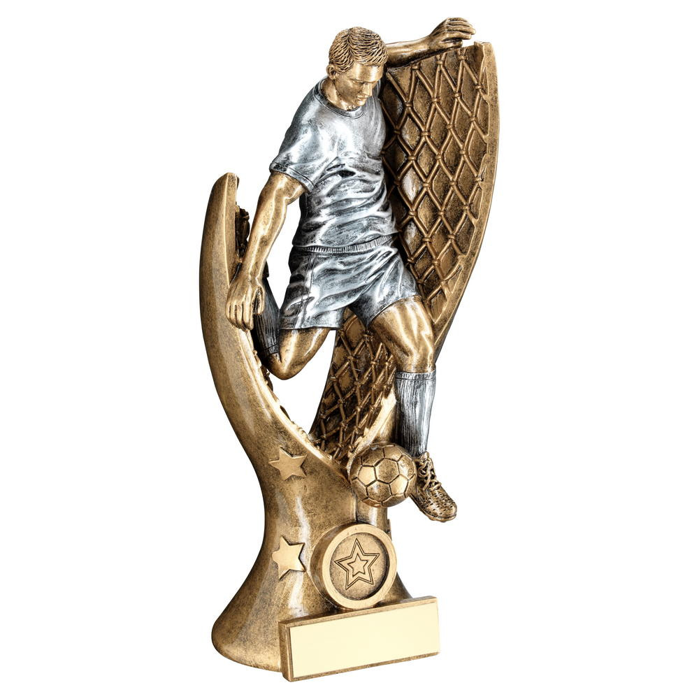 Bronze/Pewter/Gold Male Football Player In Net Holder Trophy