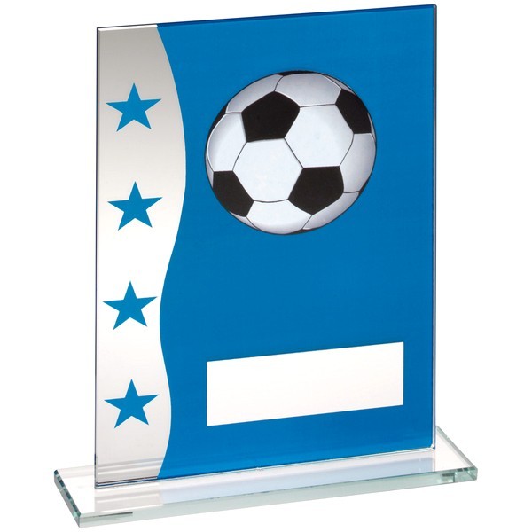 Blue/Silver Printed Glass Plaque With Football Image Trophy