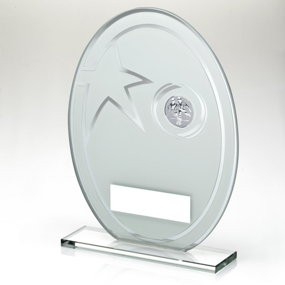 White/Silver Printed Glass Oval With Football Insert And Plate 