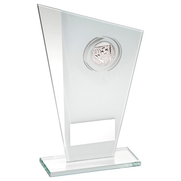 White/Silver Printed Glass Plaque With Football Insert Trophy