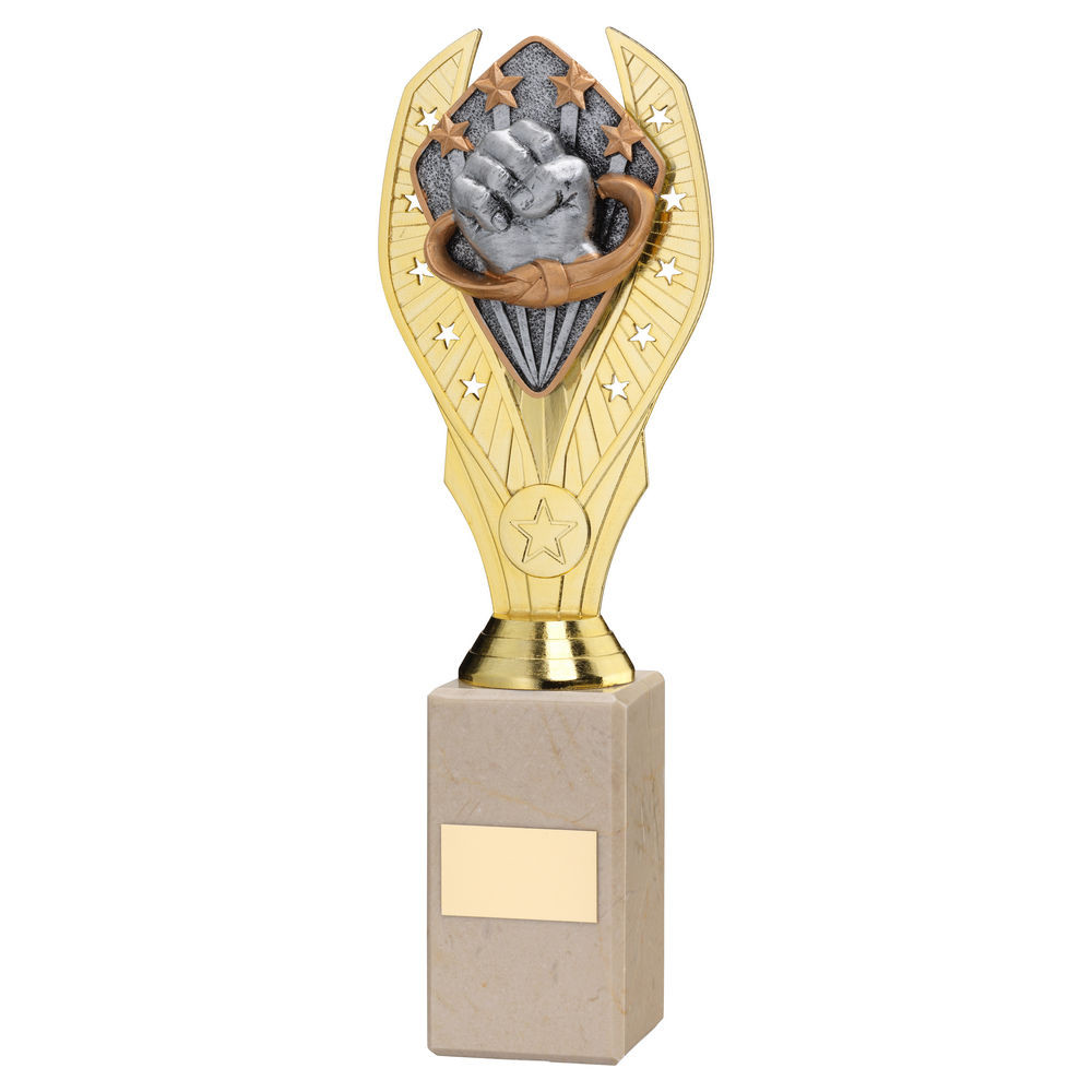 Gold Plastic Holder & Martial Arts Disc on Cream Marble Trophy