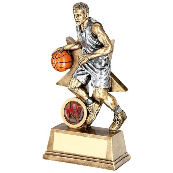 Bronze/Orange Male Basketball Figure With Star Backing Trophy