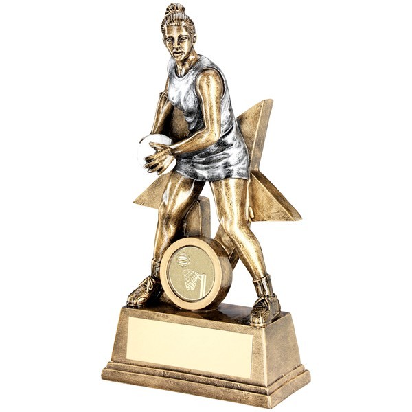 Bronze/White Female Netball Figure With Star Backing Trophy