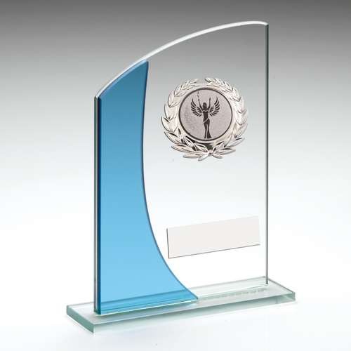 Jade/Blue Rectangle Glass with Silver Wreath Trim Trophy