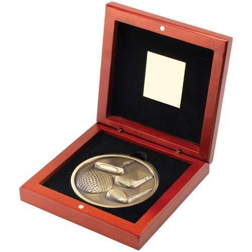 Rosewood Box and 70mm Medallion Golf Trophy