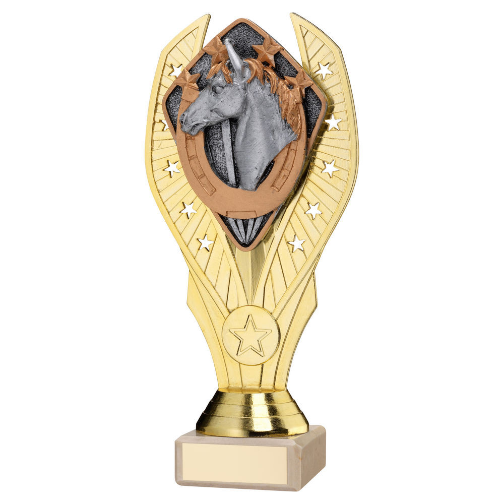 Gold Plastic Holder & Horse Disc on Cream Marble Trophy