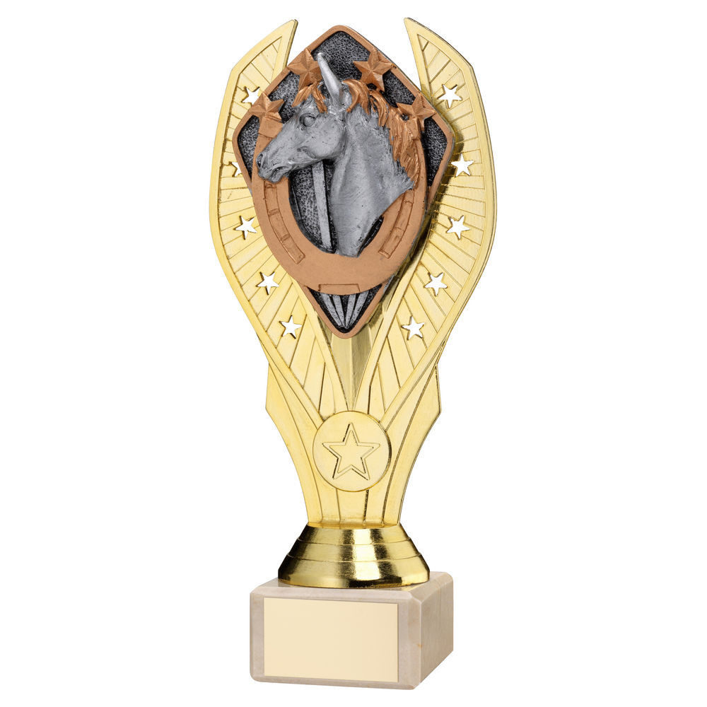 Gold Plastic Holder & Horse Disc on Cream Marble Trophy