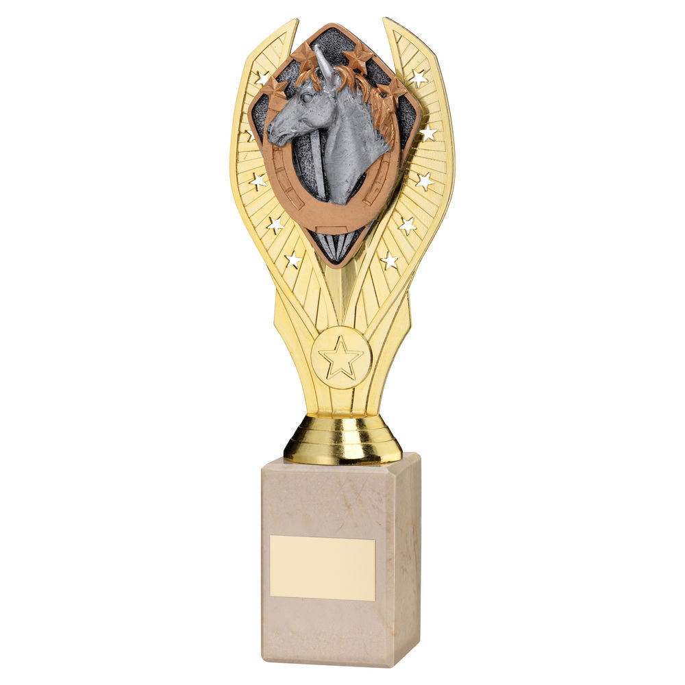 Gold Plastic Holder & Horse Disc on Cream Marble Trophy