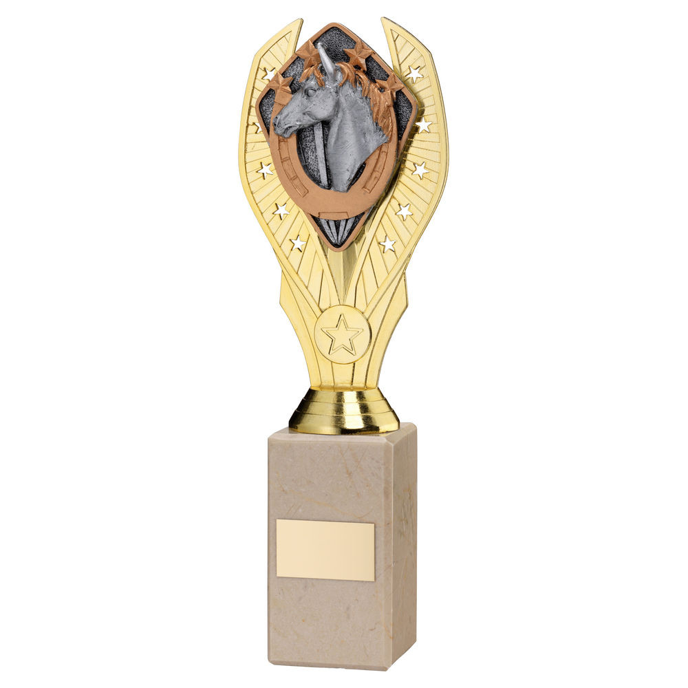 Gold Plastic Holder & Horse Disc on Cream Marble Trophy