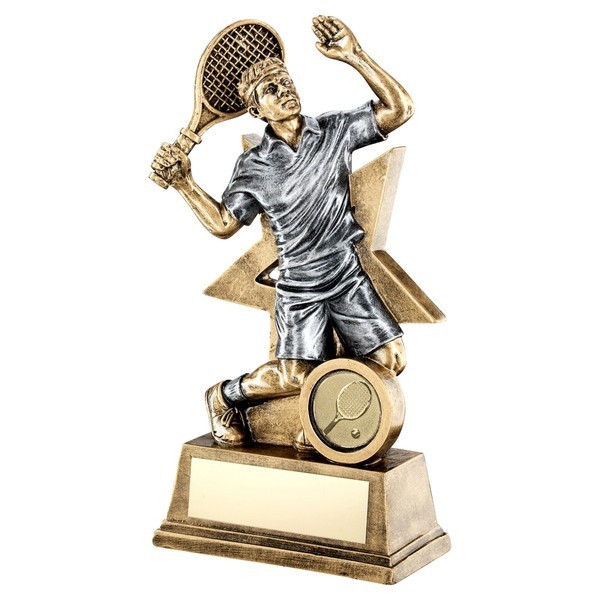 Bronze / Gold Male Tennis Figure with Star Backing Trophy