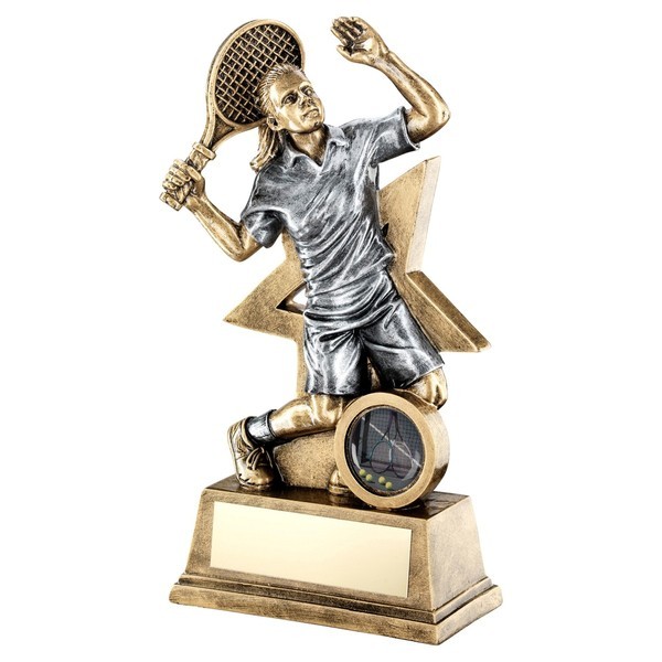 Bronze / Gold Female Tennis Figure with Star Backing Trophy