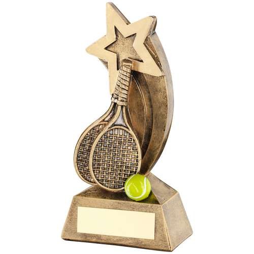 Bronze/Gold/Yellow Tennis Rackets/Ball with Shooting Star Trophy
