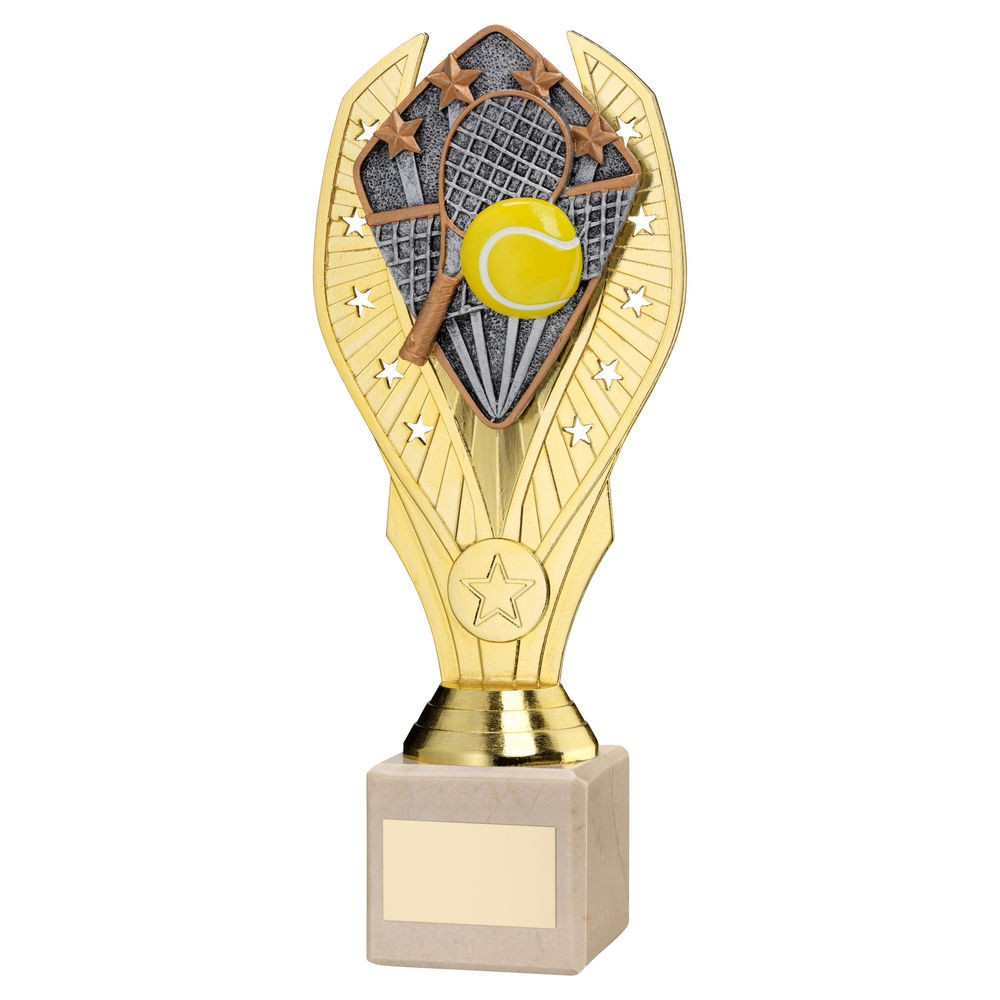 Gold Plastic Holder & Tennis Disc on Cream Marble Trophy