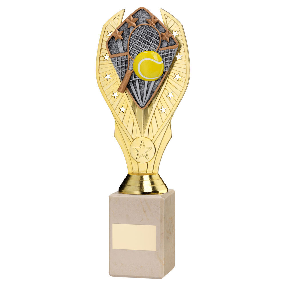 Gold Plastic Holder & Tennis Disc on Cream Marble Trophy