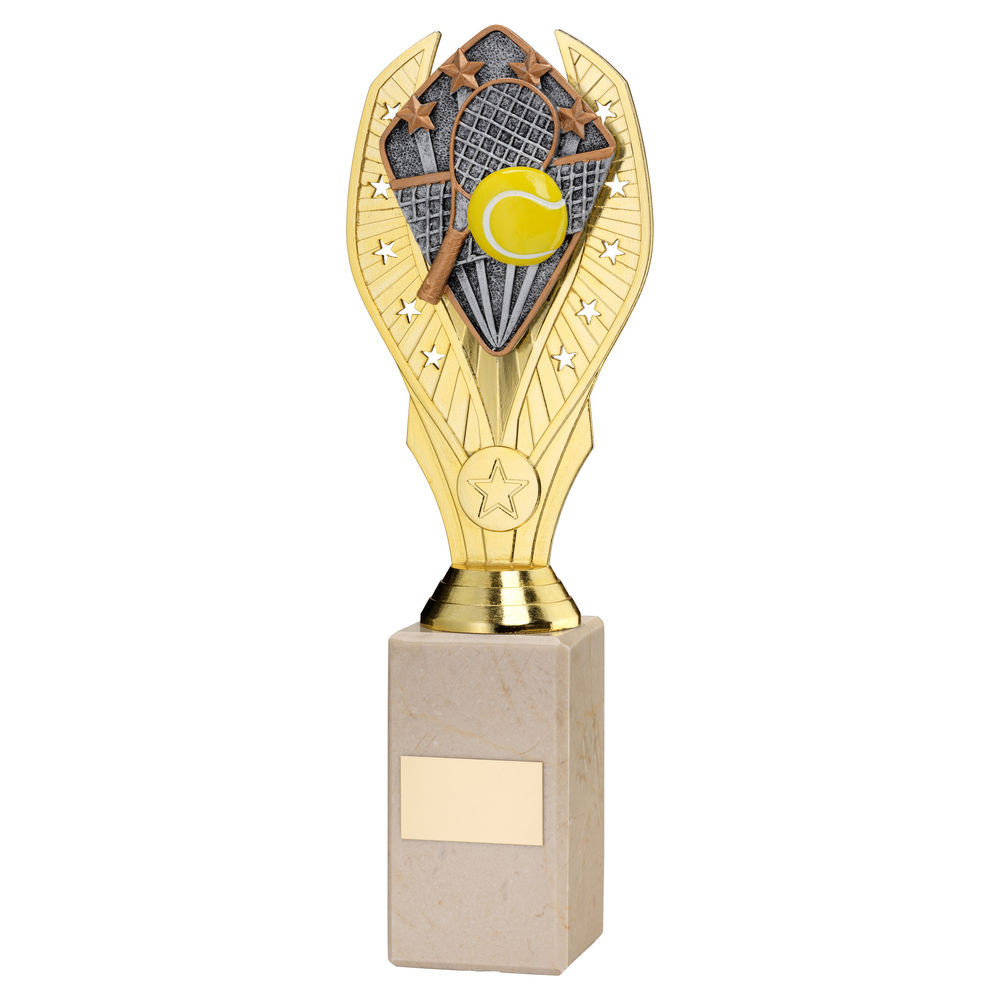 Gold Plastic Holder & Tennis Disc on Cream Marble Trophy