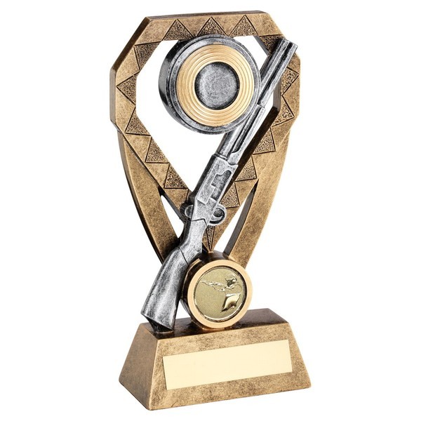 Bronze/Pewter/Gold Shooting Rifle And Clay On Diamond Trophy 