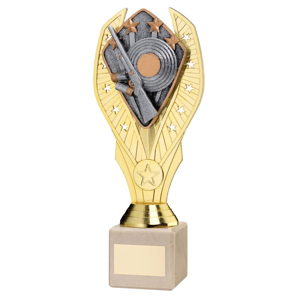 Gold Plastic Holder & Shooting Disc on Cream Marble Trophy