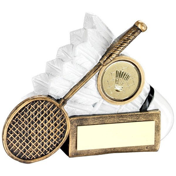 Bronze/White Badminton Shuttlecock And Racket Chunky Flatback Trophy
