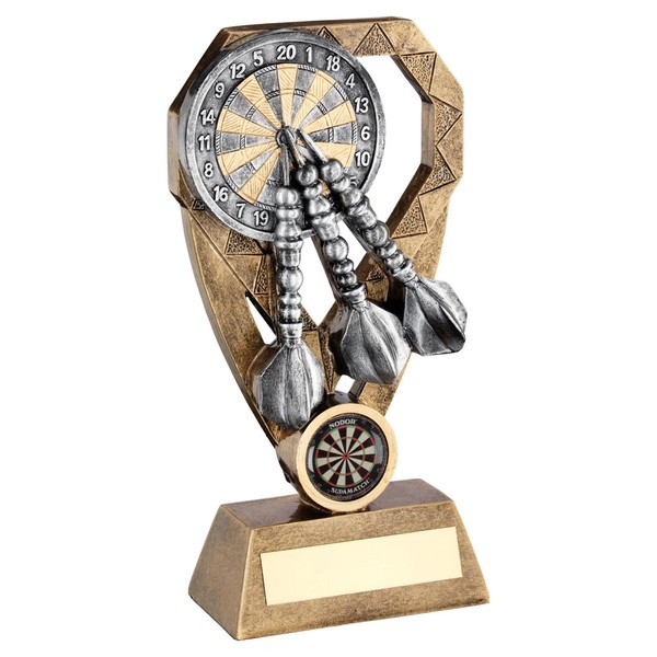Bronze/Pewter/Gold Darts With Dartboard On Diamond Trophy 