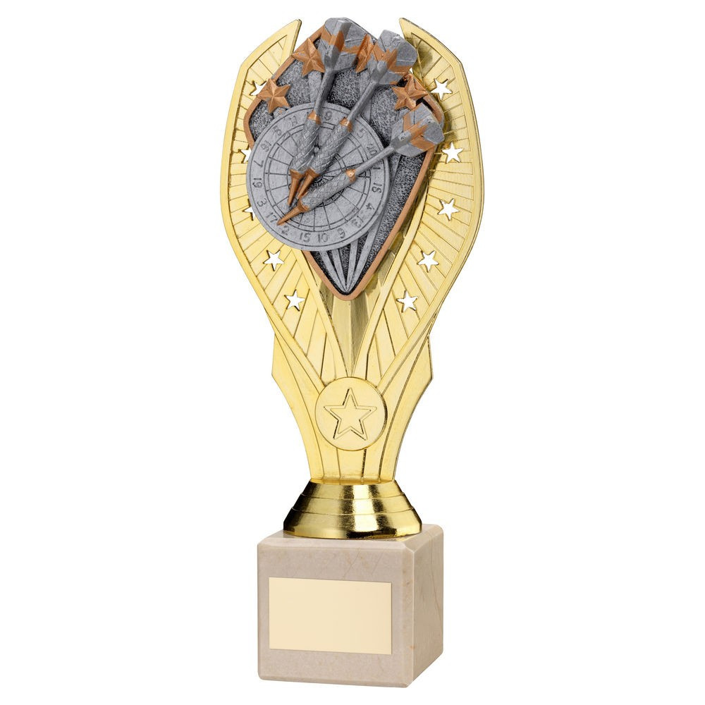 Gold Plastic Holder & Darts Disc on Cream Marble Trophy
