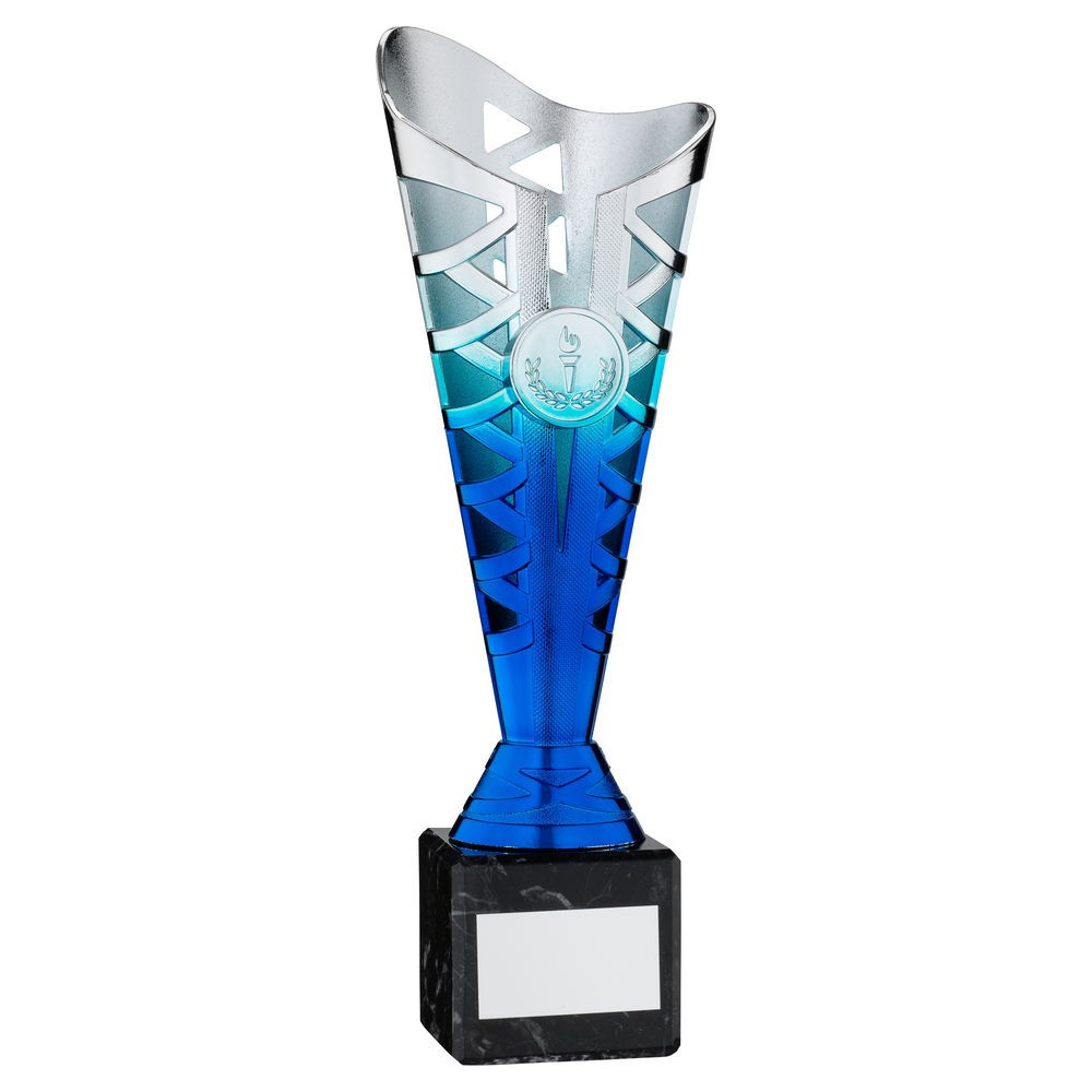 Silver & Blue Plastic Titan Cup on Black Marble Base