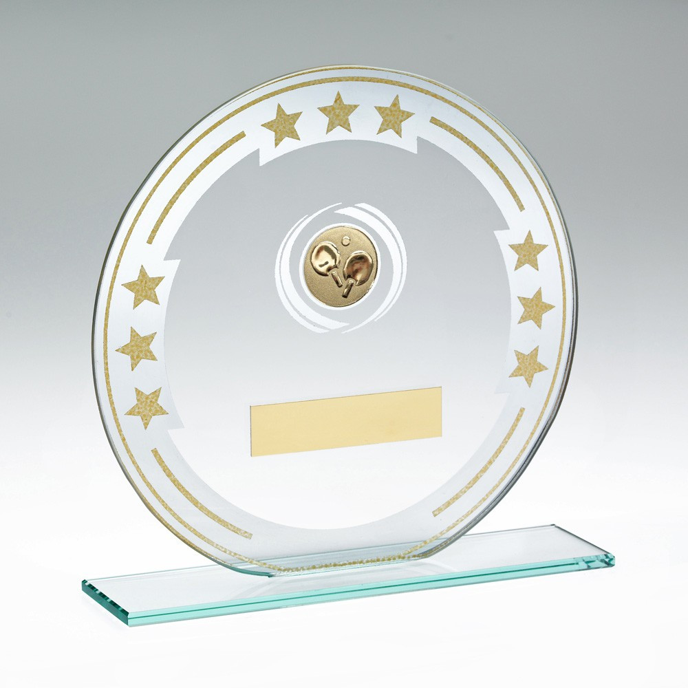 Silver Jade Glass Award with Gold Stars and Table Tennis Insert