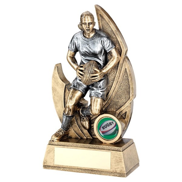 Bronze/Pewter Female Rugby Figure On Backdrop Trophy 
