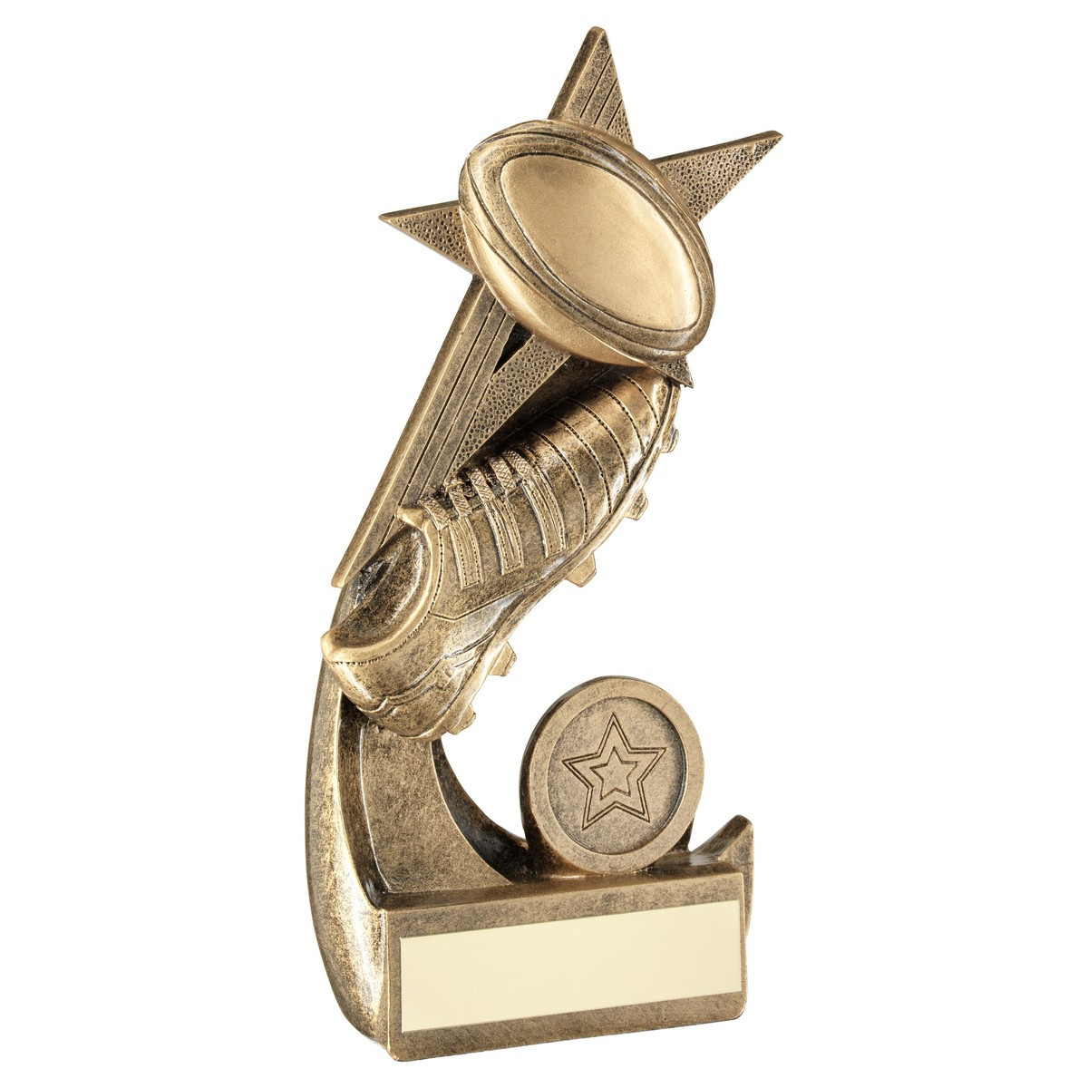 Brz/Gold Rugby Ball And Boot On Shooting Star With Plate 