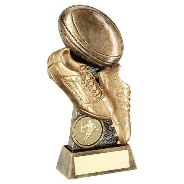 Bronze/Gold/Pewter Flatback Rugby Ball And Boots On Riser Trophy 