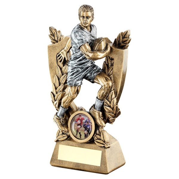 Bronze / Pewter Male Rugby on Shield and Wreath Trophy